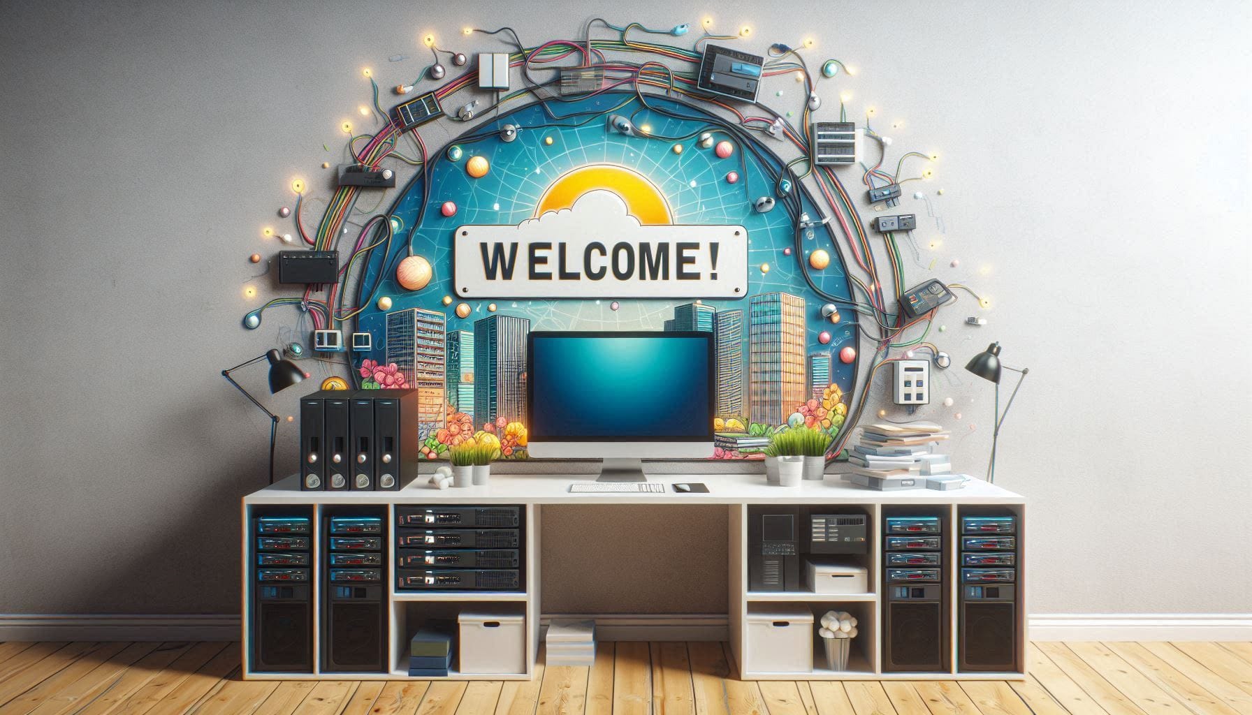 A desk with servers and computers with a plate on the wall that says "Welcome!"