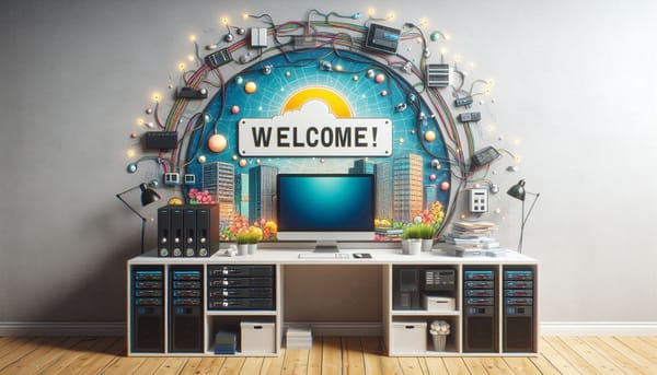 A desk with servers and computers with a plate on the wall that says "Welcome!"